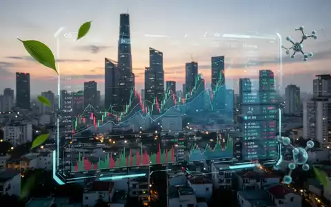 Eine digitale Handelsplattform mit grünen Graphen und CO2-Symbolen vor dem Hintergrund einer beleuchteten vietnamesischen Skyline. - Foto: über boerse-global.de