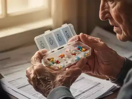 Ältere Hände halten einen fast leeren Pillenorganizer, mit besorgtem Ausdruck und unscharfen Finanzdokumenten im Hintergrund. - Foto: über boerse-global.de