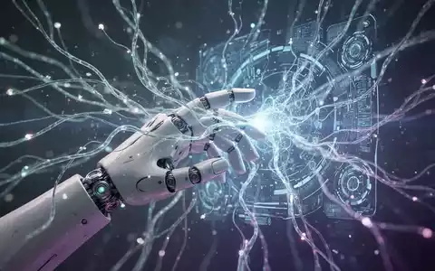 Ein Netzwerk aus leuchtenden neuronalen Pfaden und Datenströmen, die in eine stilisierte Roboterhand münden, die eine digitale Oberfläche manipuliert. - Foto: über boerse-global.de