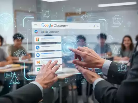 Lehrerhände interagieren mit holografischer Schnittstelle, die Bildungsdaten anzeigt, Symbol für KI-Integration in Google Classroom. - Foto: über boerse-global.de