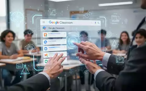 Lehrerhände interagieren mit holografischer Schnittstelle, die Bildungsdaten anzeigt, Symbol für KI-Integration in Google Classroom. - Foto: über boerse-global.de