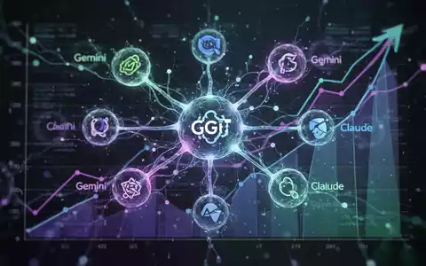 Abstrakte Visualisierung des KI-Marktanteils, zentraler leuchtender Knoten für ChatGPT, umgeben von kleineren Knoten für Konkurrenten wie Gemini und Claude. - Foto: über boerse-global.de