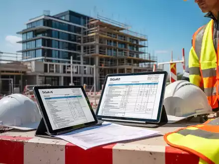 Eine Baustelle mit Sicherheitsabsperrungen, Bauplänen auf einem Tablet, einem Helm und Warnwesten. Fokus auf Sicherheit und Planung. - Foto: über boerse-global.de