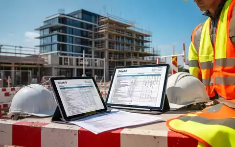 Eine Baustelle mit Sicherheitsabsperrungen, Bauplänen auf einem Tablet, einem Helm und Warnwesten. Fokus auf Sicherheit und Planung. - Foto: über boerse-global.de