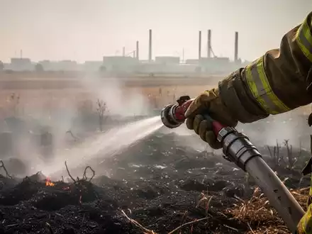 Nahaufnahme der behandschuhten Hand eines Feuerwehrmanns, der einen Schlauch auf ein schwelendes Feld richtet. Im Hintergrund Hitzeschleier. - Foto: über boerse-global.de