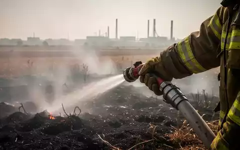 Nahaufnahme der behandschuhten Hand eines Feuerwehrmanns, der einen Schlauch auf ein schwelendes Feld richtet. Im Hintergrund Hitzeschleier. - Foto: über boerse-global.de