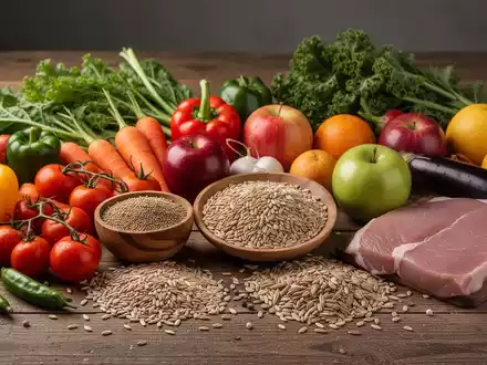Eine Nahaufnahme verschiedener frischer, unverarbeiteter Lebensmittel wie Gemüse, Obst, Vollkornprodukte und mageres Fleisch, ansprechend auf einem Holztisch arrangiert. - Foto: über boerse-global.de