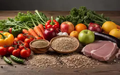 Eine Nahaufnahme verschiedener frischer, unverarbeiteter Lebensmittel wie Gemüse, Obst, Vollkornprodukte und mageres Fleisch, ansprechend auf einem Holztisch arrangiert. - Foto: über boerse-global.de