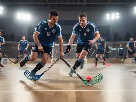 Floorballspieler in Aktion während eines Trainings, mit Schlägern und Ball auf einem Hallenboden unter hellen Lichtern. - Foto: über boerse-global.de