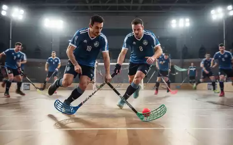 Floorballspieler in Aktion während eines Trainings, mit Schlägern und Ball auf einem Hallenboden unter hellen Lichtern. - Foto: über boerse-global.de