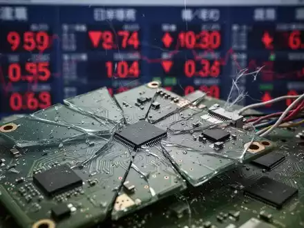Eine Nahaufnahme einer zerbrochenen Leiterplatte vor einem unscharfen Hintergrund eines japanischen Börsentickers mit roten Zahlen. - Foto: über boerse-global.de