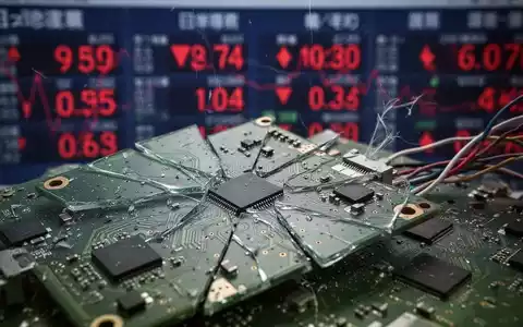 Eine Nahaufnahme einer zerbrochenen Leiterplatte vor einem unscharfen Hintergrund eines japanischen Börsentickers mit roten Zahlen. - Foto: über boerse-global.de