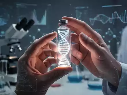 Nahaufnahme von Händen, die ein Glasfläschchen mit einer leuchtenden DNA-Helix halten, im Hintergrund Laborgeräte. - Foto: über boerse-global.de