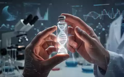 Nahaufnahme von Händen, die ein Glasfläschchen mit einer leuchtenden DNA-Helix halten, im Hintergrund Laborgeräte. - Foto: über boerse-global.de