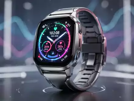 Nahaufnahme einer High-Tech-Titan-Smartwatch mit Gesundheitsdaten, unscharfer futuristischer Hintergrund. - Foto: über boerse-global.de