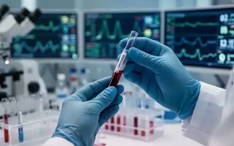 Nahaufnahme von Händen in blauen Handschuhen, die ein Reagenzglas mit einer Blutprobe in einem Labor halten, umgeben von verschwommenen Geräten. - Foto: über boerse-global.de
