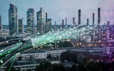 Abstrakte, leuchtende Darstellung digitaler Daten und KI-Muster in Netzwerkinfrastruktur vor deutscher Industriekulisse. - Foto: über boerse-global.de