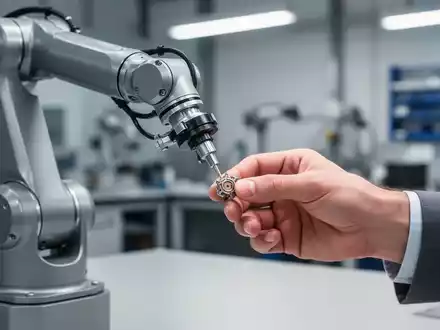 Ein Roboterarm arbeitet mit einer menschlichen Hand an einer kleinen Komponente in einer modernen Werkstatt, die Präzision und Zusammenarbeit betont. - Foto: über boerse-global.de
