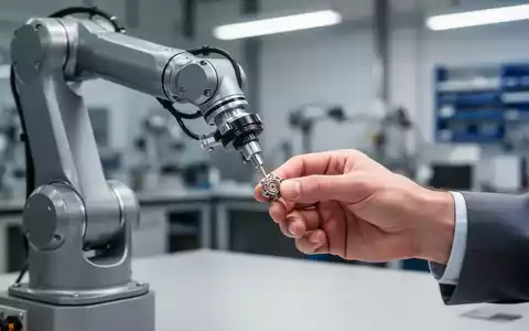 Ein Roboterarm arbeitet mit einer menschlichen Hand an einer kleinen Komponente in einer modernen Werkstatt, die Präzision und Zusammenarbeit betont. - Foto: über boerse-global.de