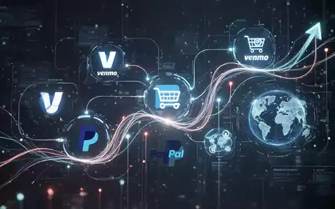 Digitale Zahlungsoberfläche mit leuchtenden Linien zwischen Venmo-, Händler- und Globaltransaktionssymbolen. - Foto: über boerse-global.de