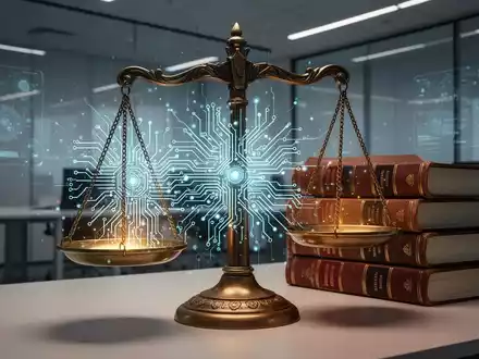 Eine leuchtende Leiterplatte, die KI symbolisiert, in einer klassischen europäischen Gerichtswaage, umgeben von Gesetzbüchern. - Foto: über boerse-global.de