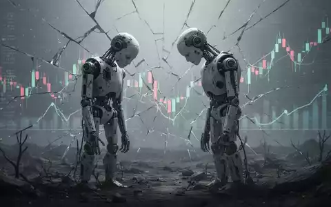 Ein humanoider Roboter steht gebeugt in einer kargen digitalen Landschaft, die einen massiven Aktienverlust symbolisiert. - Foto: über boerse-global.de