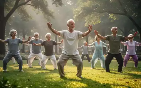 Eine Gruppe von Menschen praktiziert Qigong oder Tai-Chi im Freien in einem ruhigen Park, um innere Ruhe zu finden. - Foto: über boerse-global.de