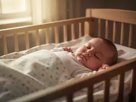 Ein friedlich schlafendes Baby in einem Kinderbett, weiches, warmes Licht fällt durch ein Fenster. - Foto: über boerse-global.de