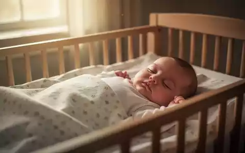 Ein friedlich schlafendes Baby in einem Kinderbett, weiches, warmes Licht fällt durch ein Fenster. - Foto: über boerse-global.de
