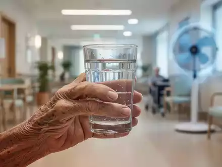 Eine Nahaufnahme einer älteren Hand, die ein Glas Wasser hält, mit einem unscharfen Hintergrund eines Pflegeheims. - Foto: über boerse-global.de