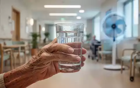 Eine Nahaufnahme einer älteren Hand, die ein Glas Wasser hält, mit einem unscharfen Hintergrund eines Pflegeheims. - Foto: über boerse-global.de