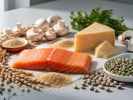 Eine Nahaufnahme von Lachs, Weizenkeimen, Parmesan, Pilzen und Hülsenfrüchten, die gesundes Altern und Ernährung symbolisieren. - Foto: über boerse-global.de
