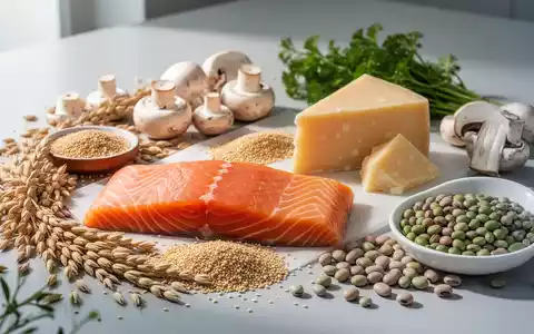 Eine Nahaufnahme von Lachs, Weizenkeimen, Parmesan, Pilzen und Hülsenfrüchten, die gesundes Altern und Ernährung symbolisieren. - Foto: über boerse-global.de