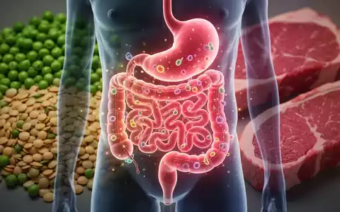 Ein Nahaufnahme-Modell des menschlichen Darms mit leuchtenden Elementen, die Gesundheit und Entzündung darstellen, im Hintergrund pflanzliche Lebensmittel. - Foto: über boerse-global.de