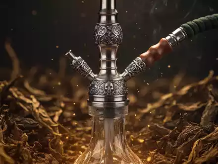 Eine Nahaufnahme einer aufwendig gestalteten Shisha-Pfeife, umgeben von unscharfen Tabakblättern, die auf eine bevorstehende Steuererhöhung hinweisen. - Foto: über boerse-global.de
