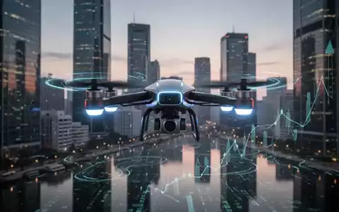 Eine fortschrittliche Drohne schwebt über einem modernen Finanzviertel bei Sonnenuntergang, symbolisch für Investitionen in Drohnentechnologie. - Foto: über boerse-global.de