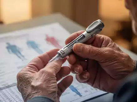 Eine ältere Hand hält vorsichtig einen modernen Medikamenten-Injektionspen, im Hintergrund verschwommen medizinische Unterlagen. - Foto: über boerse-global.de