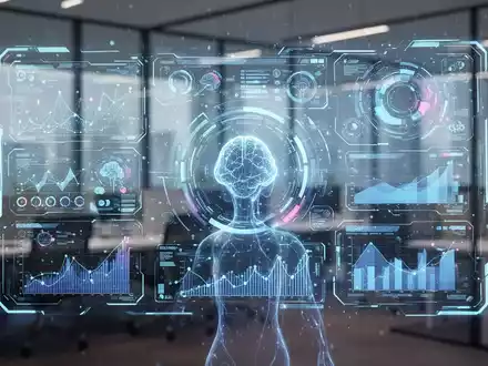 Eine futuristische, holografische Benutzeroberfläche mit Datenvisualisierungen und KI-Elementen in einem modernen Büro. - Foto: über boerse-global.de