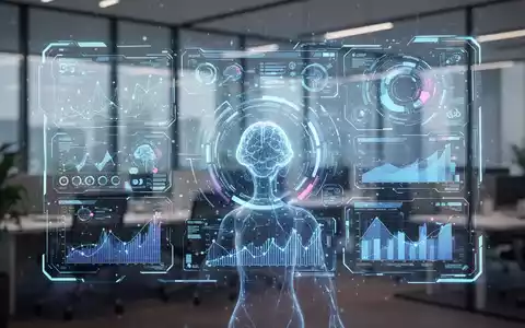 Eine futuristische, holografische Benutzeroberfläche mit Datenvisualisierungen und KI-Elementen in einem modernen Büro. - Foto: über boerse-global.de