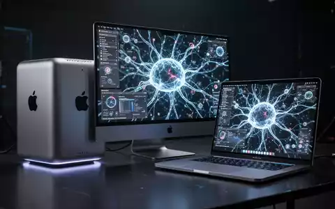 Schlankes, futuristisches Apple Mac Studio und MacBook Pro mit leuchtenden neuronalen Netzwerkmustern, die KI-Innovation symbolisieren. - Foto: über boerse-global.de