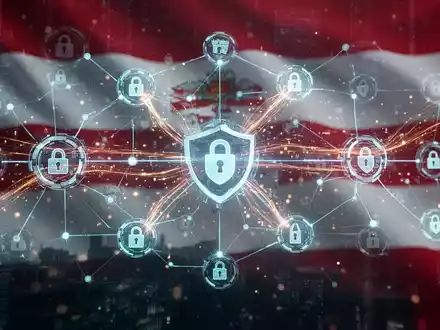 Abstrakte Darstellung einer sicheren digitalen Lieferkette mit vernetzten Knoten und leuchtenden Datenströmen vor österreichischem Hintergrund. - Foto: über boerse-global.de