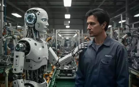 Ein humanoider Roboter steht neben einem menschlichen Fabrikarbeiter am Fließband und symbolisiert Arbeitsplatzsorgen durch Automatisierung. - Foto: über boerse-global.de