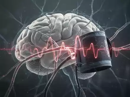 Ein stilisiertes Gehirn mit leuchtenden neuronalen Pfaden, verbunden mit einem abstrakten Blutdruckmessgerät, symbolisiert Blutdruck und Alzheimer. - Foto: über boerse-global.de