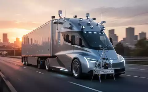 Tesla Semi-Lkw mit autonomer Fahrtechnik auf dem Dach, bei Sonnenuntergang auf der Autobahn. - Foto: über boerse-global.de