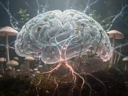 Abstrakte Darstellung von Gehirnaktivität oder neuronalen Pfaden, verschmolzen mit botanischen Elementen wie Pilzen und Wurzeln. - Foto: über boerse-global.de