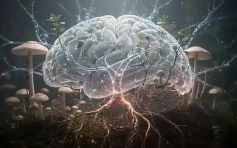 Abstrakte Darstellung von Gehirnaktivität oder neuronalen Pfaden, verschmolzen mit botanischen Elementen wie Pilzen und Wurzeln. - Foto: über boerse-global.de