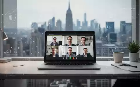 Ein modernes Homeoffice mit Laptop, der eine Videokonferenz zeigt, und einer verschwommenen Stadtskyline im Hintergrund. - Foto: über boerse-global.de