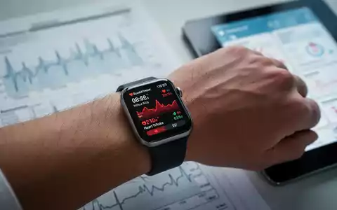 Nahaufnahme einer Smartwatch am Handgelenk, die Gesundheitsdaten anzeigt, mit verschwommenem Hintergrund aus medizinischen Diagrammen. - Foto: über boerse-global.de