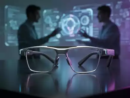 Schlanke, futuristische KI-Smartglasses auf dunkler Oberfläche, verschwommene Person im Hintergrund interagiert mit holografischer Schnittstelle. - Foto: über boerse-global.de
