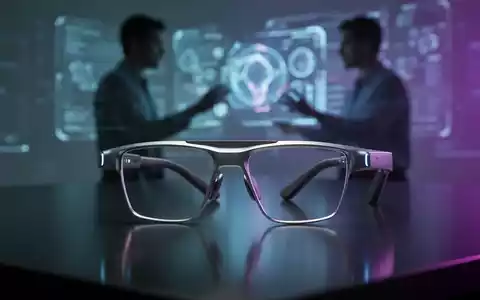 Schlanke, futuristische KI-Smartglasses auf dunkler Oberfläche, verschwommene Person im Hintergrund interagiert mit holografischer Schnittstelle. - Foto: über boerse-global.de